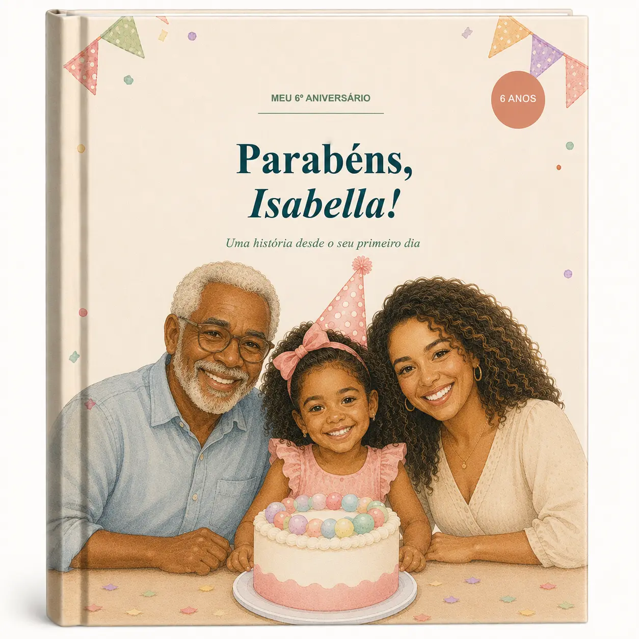 Livro personalizado de Valentina com ilustração da família