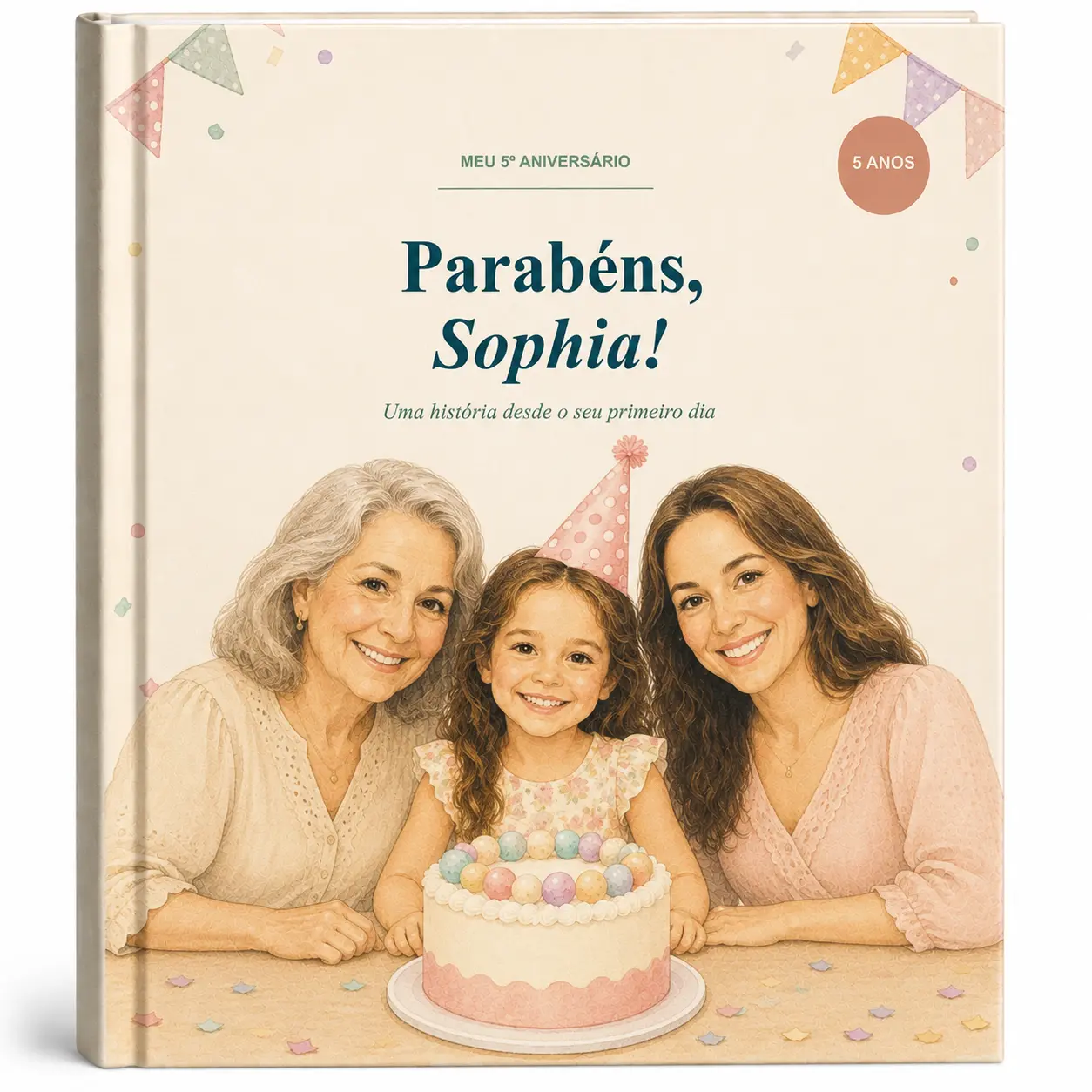 Livro personalizado de Sophia com ilustração da família