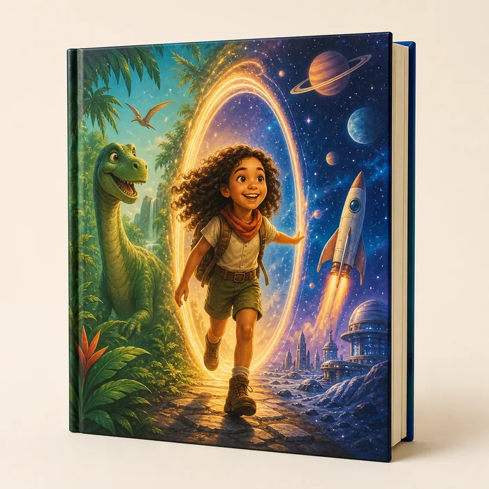 Livro infantil personalizado com uma menina entre dinossauros e uma aventura espacial