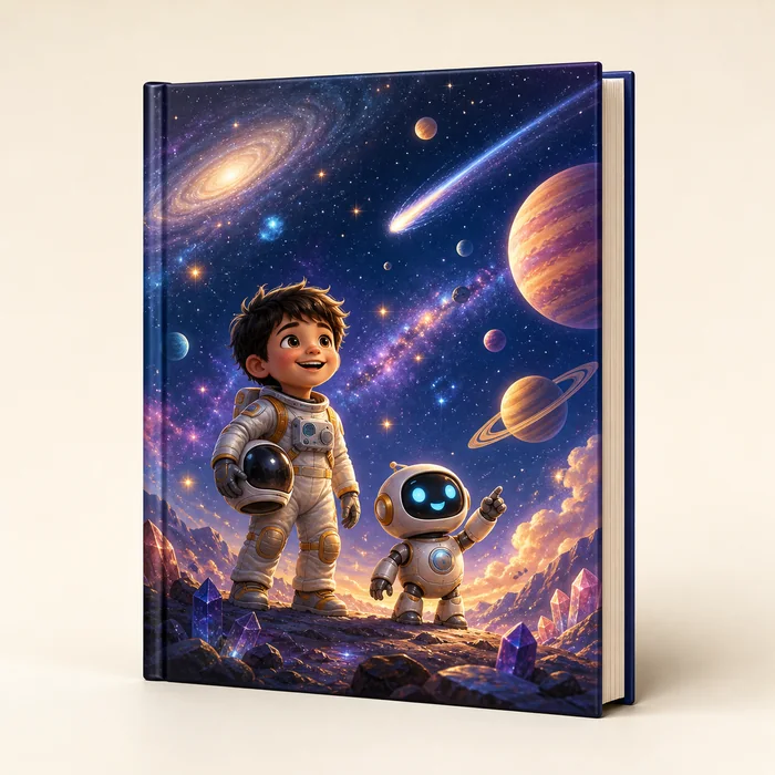 Livro infantil personalizado com um menino astronauta e seu robô