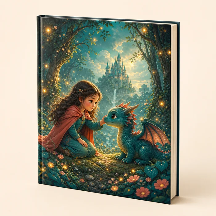 Livro infantil personalizado com uma menina e um pequeno dragão na floresta encantada