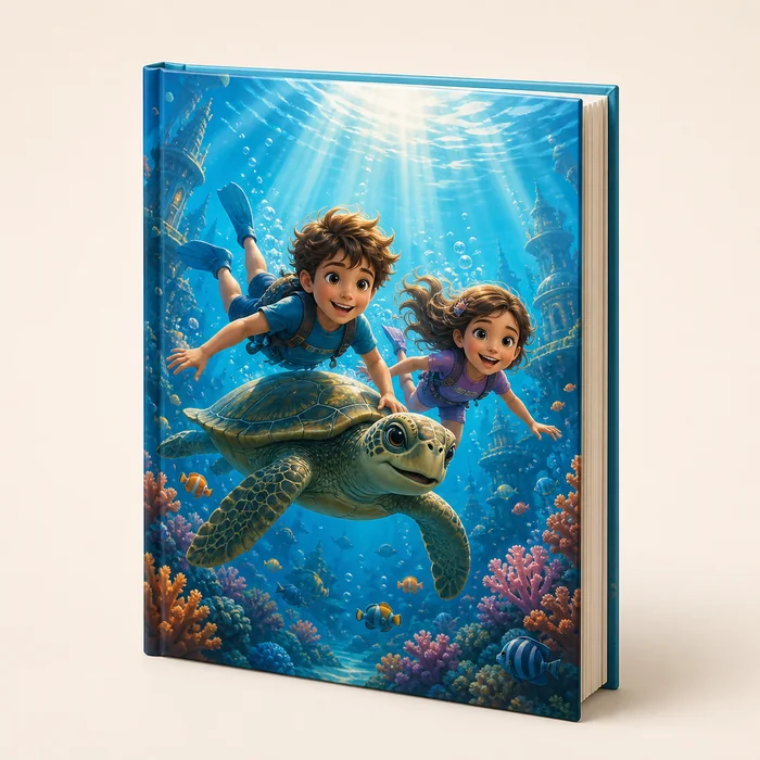 Livro infantil personalizado com dois irmãos em uma aventura submarina