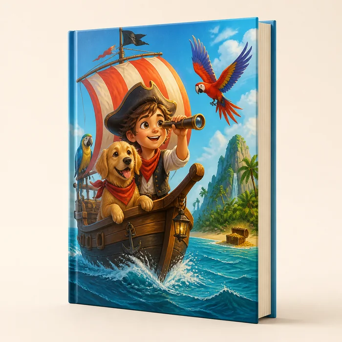 Livro infantil personalizado com uma criança e seu cachorro em um navio pirata