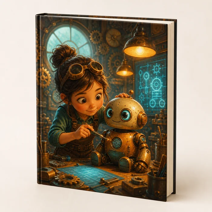 Livro infantil personalizado com uma jovem inventora construindo um robô