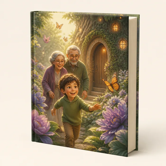 Livro infantil personalizado com uma criança e seus avós em um jardim mágico