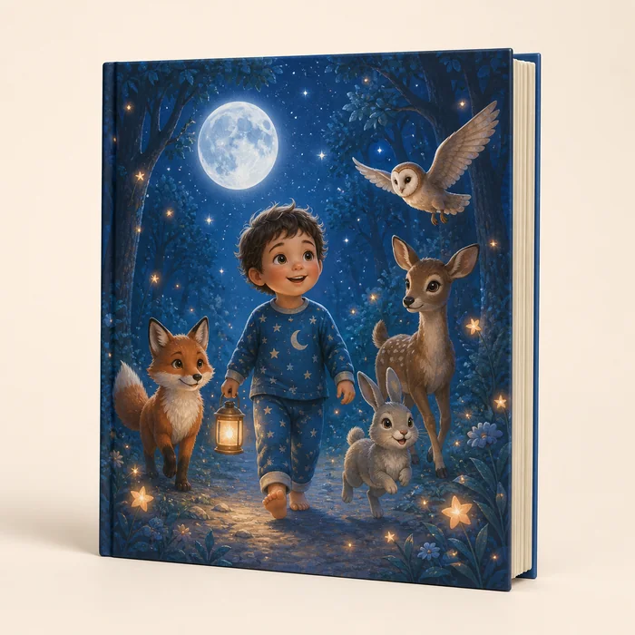 Livro infantil personalizado com uma criança e animais em uma floresta iluminada pela lua