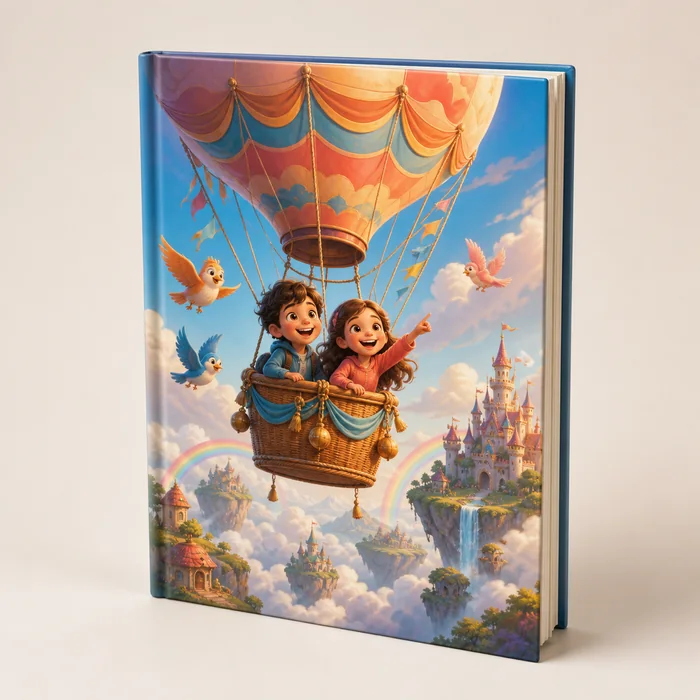 Livro infantil personalizado com dois irmãos viajando de balão por um reino nas nuvens
