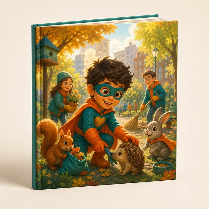 Livro infantil personalizado com um pequeno herói ajudando animais no parque