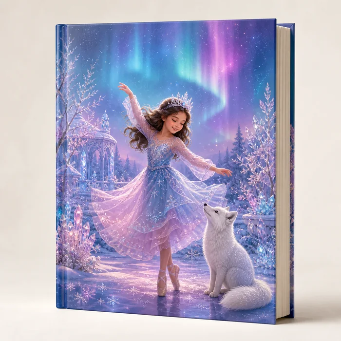 Livro infantil personalizado com uma menina dançando em um jardim de inverno encantado