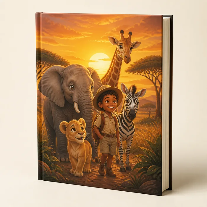 Livro infantil personalizado com uma criança em um safári ao pôr do sol